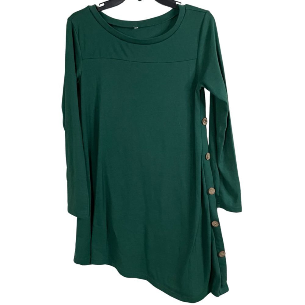 Dark green high low long sleeve dress with tan buttons on the side